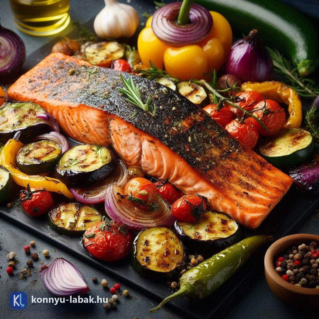 Sült lazac és színes grillezett zöldségek egy kutatási étrend tányérján