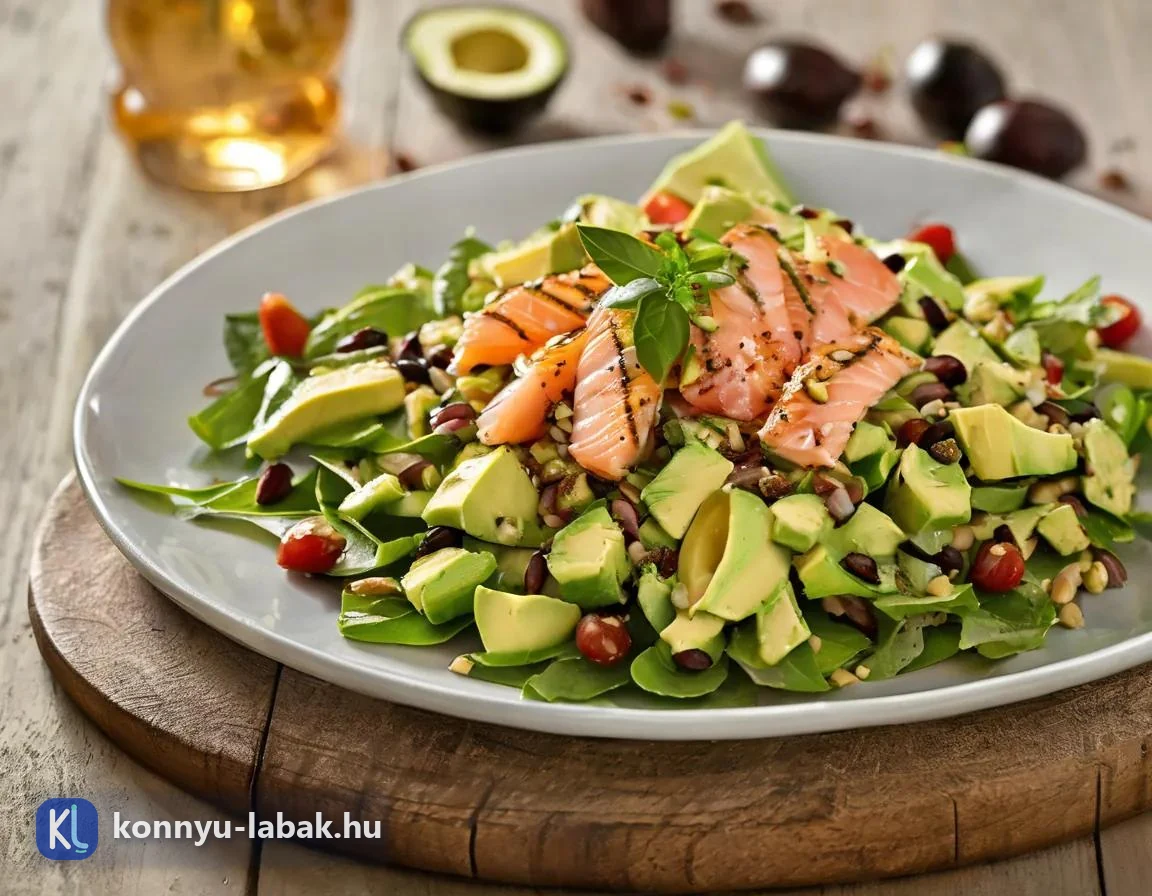 Lazacból, avokádóból és friss zöldségekből összeállított LCHF-tányér