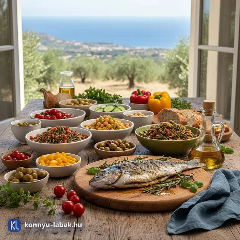 Mediterrán jellegű asztal hallal, hüvelyesekkel, zöldségekkel és olívaolajjal